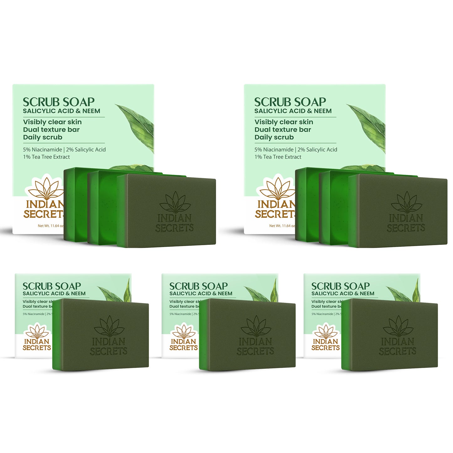 Indian Secrets Salicylic Acid Neem Scrub Soap for Face & Body | Exfoliating Bar Soap, Tea Tree & Niacinamide | Suitable for Pore Cleansing, Oily & Acne-Prone Skin - (9 Units x 110g/3.88oz)
