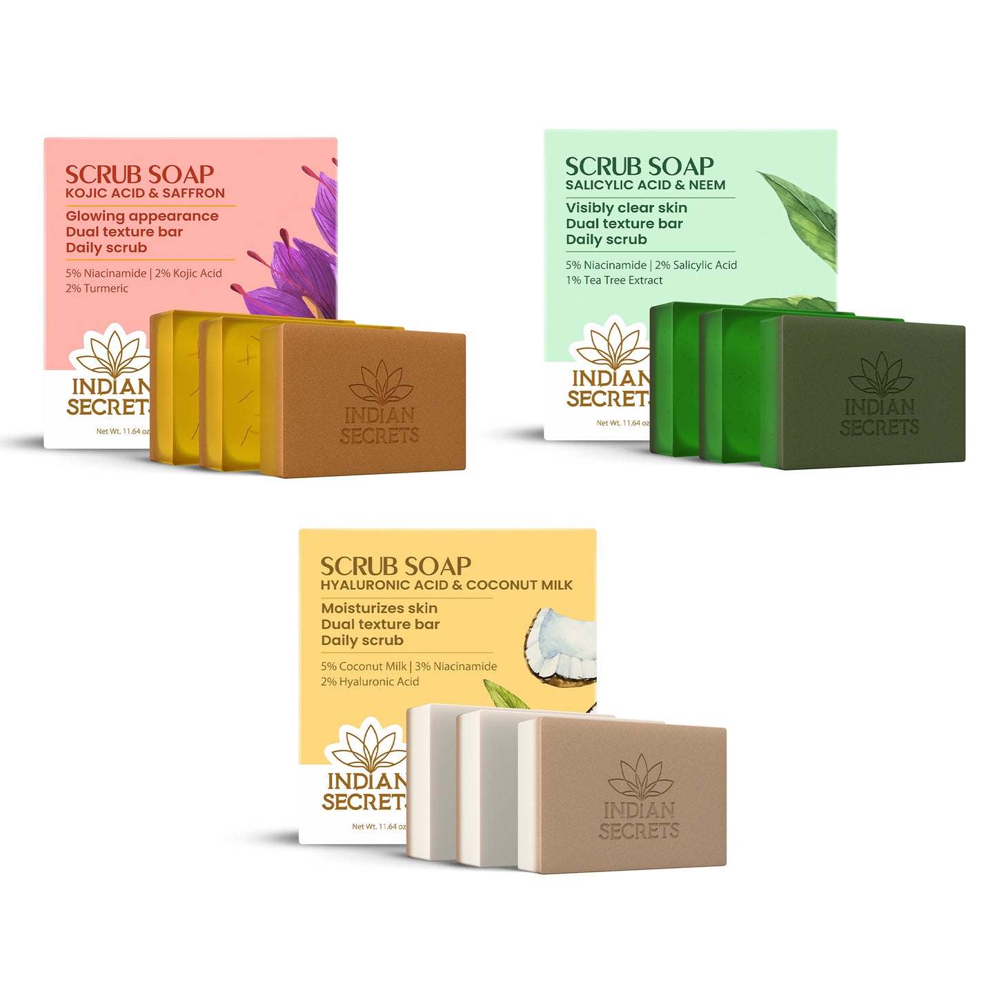 Indian Secrets Salicylic acid & Neem + Kojic Acid & Saffron Soap + Hyaluronic Acid and Coconut Millk Scrub Soap Bundle for Face & Body - (9 units x 110g/3.88oz)