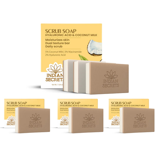 Indian Secrets Scrub Soap with Hyaluronic Acid & Coconut Milk with Niacinamide – Moisturizing Body Soap for Soft Skin - (6 Units Bundle x 110g/3.88oz)