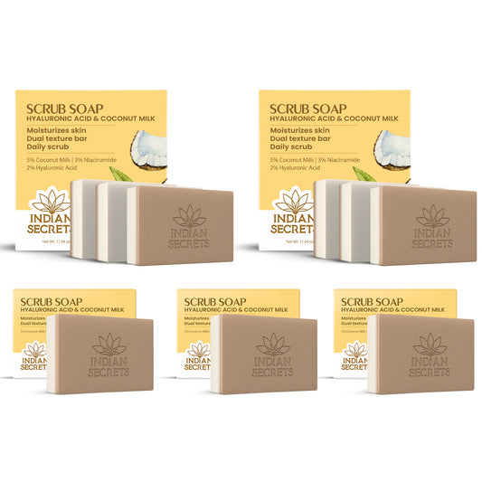 Indian Secrets Scrub Soap with Hyaluronic Acid & Coconut Milk with Niacinamide – Moisturizing Body Soap for Soft Skin - (9 Units Bundle x 110g/3.88oz)