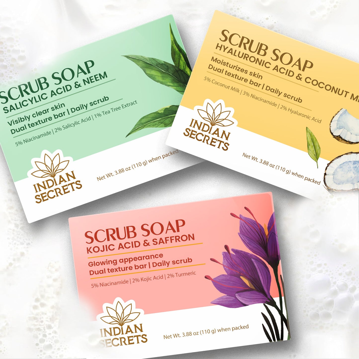 Indian Secrets Scrub Soap Hyaluronic Acid & Coconut Milk (Pack of 3)