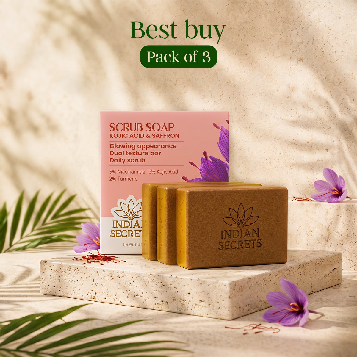 Indian Secrets Scrub Soap Kojic Acid & Saffron (Pack of 3)