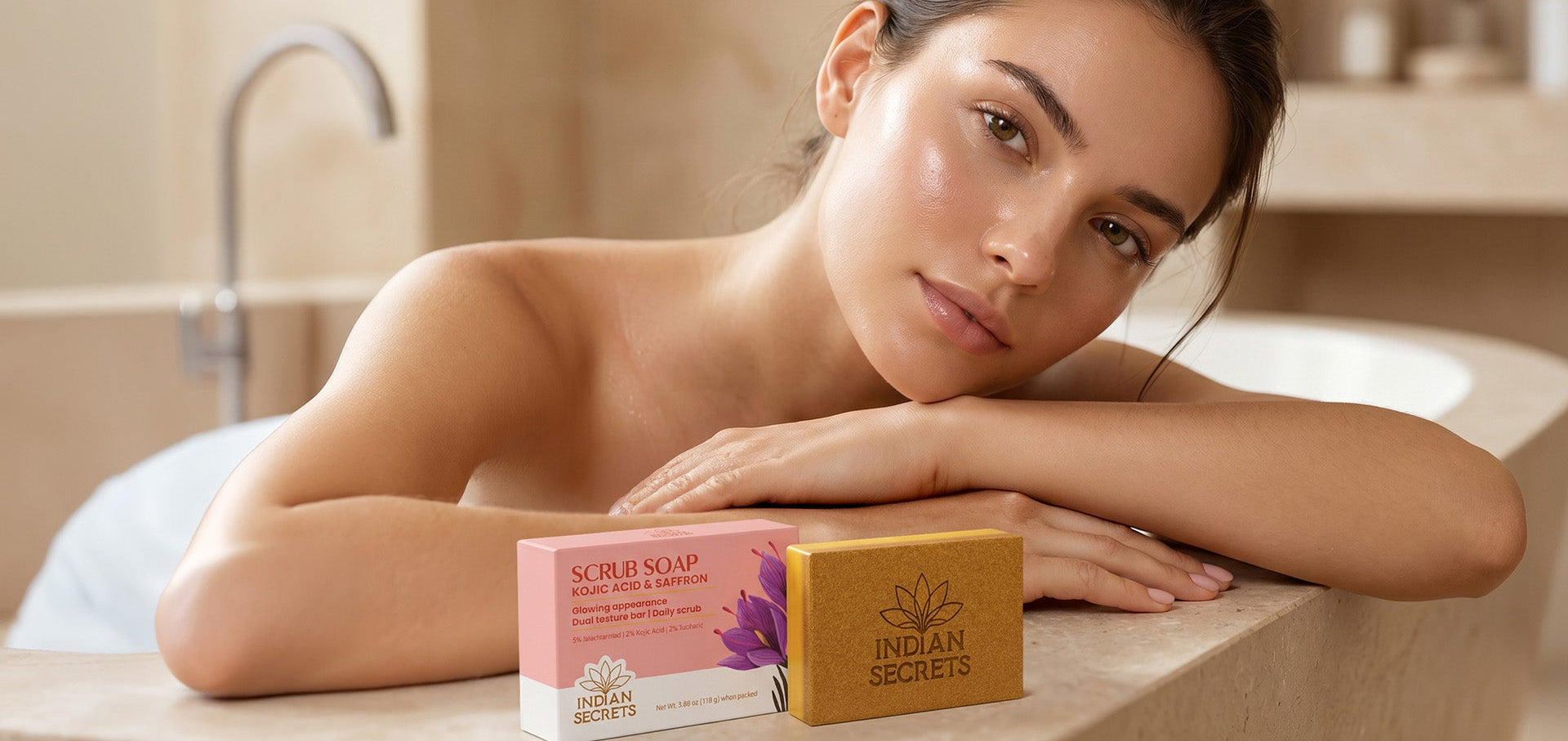 Woman leaning on a counter with a bar of soap and packaging in a bathroom setting