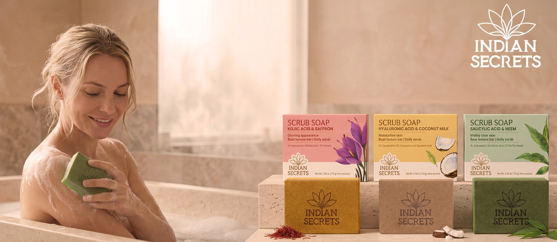 Woman in a bathtub with 'Indian Secrets' soap bars displayed on a ledge.
