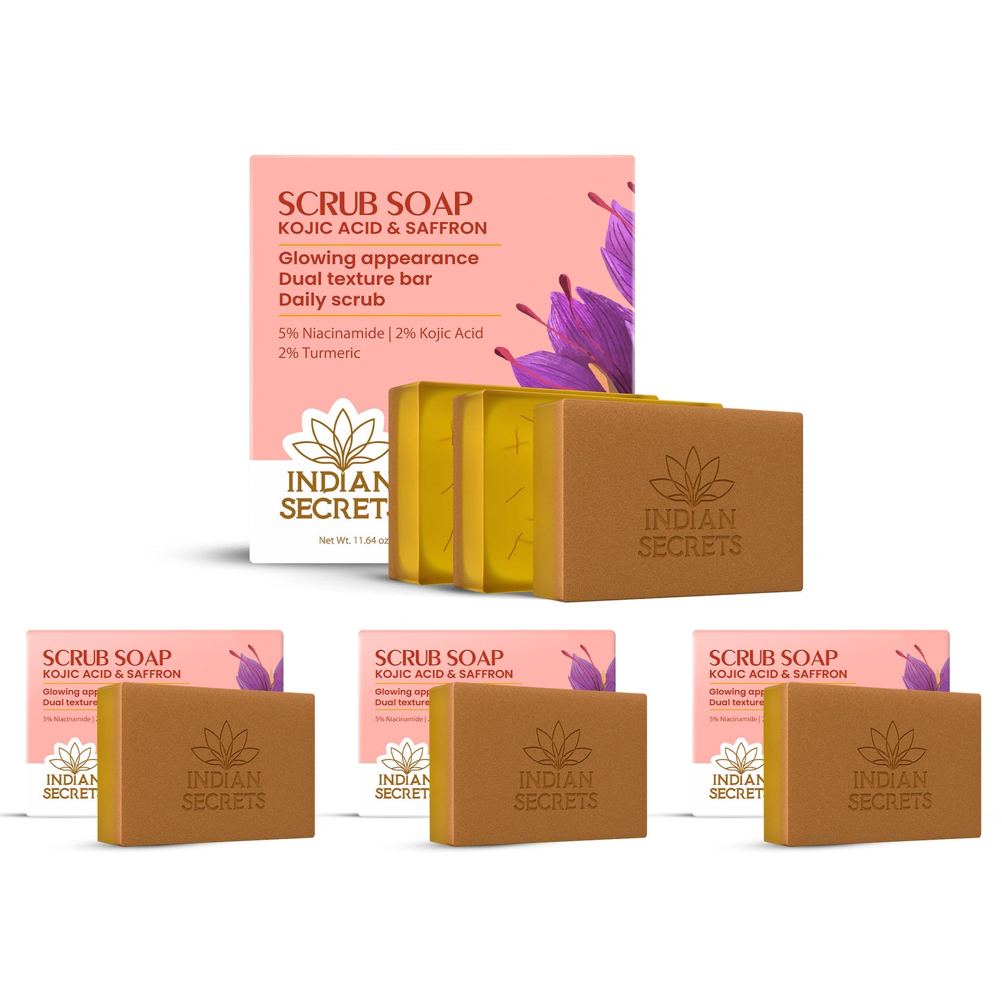 Indian Secrets Kojic Acid & Saffron Scrub Soap Bar - Brightening Face & Body Soap with Niacinamide, Turmeric - Exfoliating & Cleansing Bar - (6 Units x 110g/3.88oz)