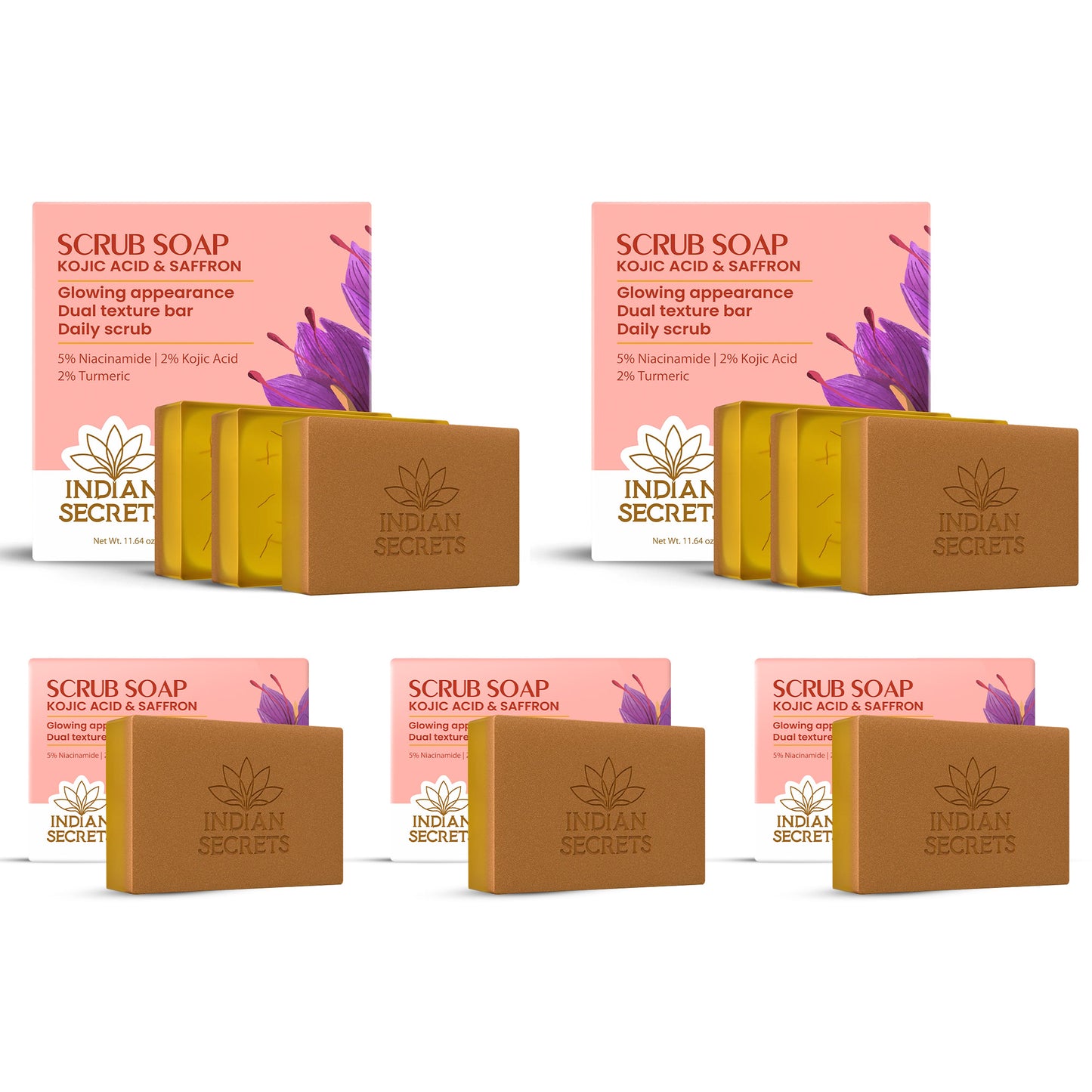 Indian Secrets Kojic Acid & Saffron Scrub Soap Bar - Brightening Face & Body Soap with Niacinamide, Turmeric - Exfoliating & Cleansing Bar - (9 Units x 110g/3.88oz)