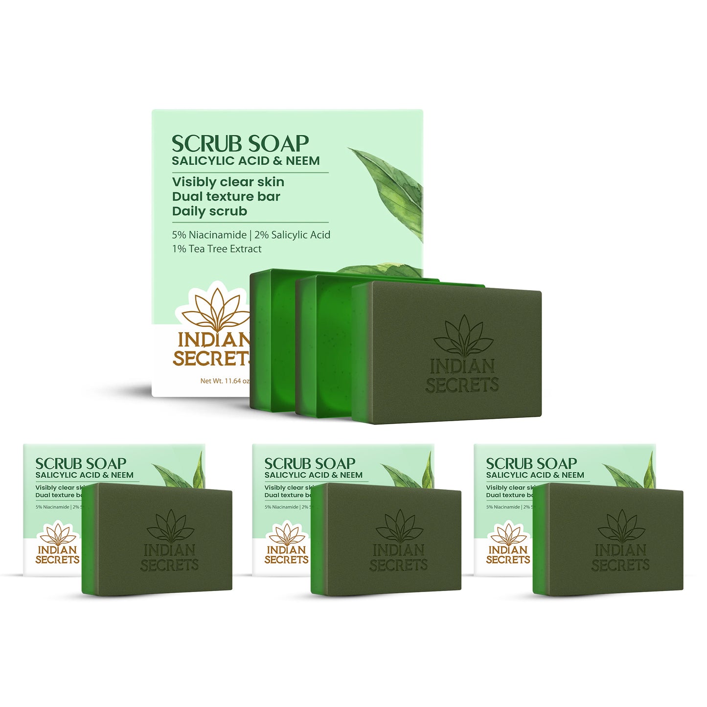 Indian Secrets Salicylic Acid Neem Scrub Soap for Face & Body | Exfoliating Bar Soap, Tea Tree & Niacinamide | Suitable for Pore Cleansing, Oily & Acne-Prone Skin - (6 Units x 110g/3.88oz)