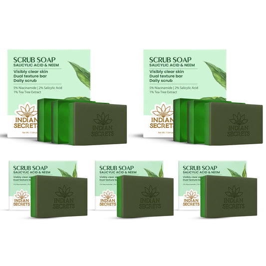 Indian Secrets Salicylic Acid Neem Scrub Soap for Face & Body | Exfoliating Bar Soap, Tea Tree & Niacinamide | Suitable for Pore Cleansing, Oily & Acne-Prone Skin - (9 Units Bundle x 110g/3.88oz)