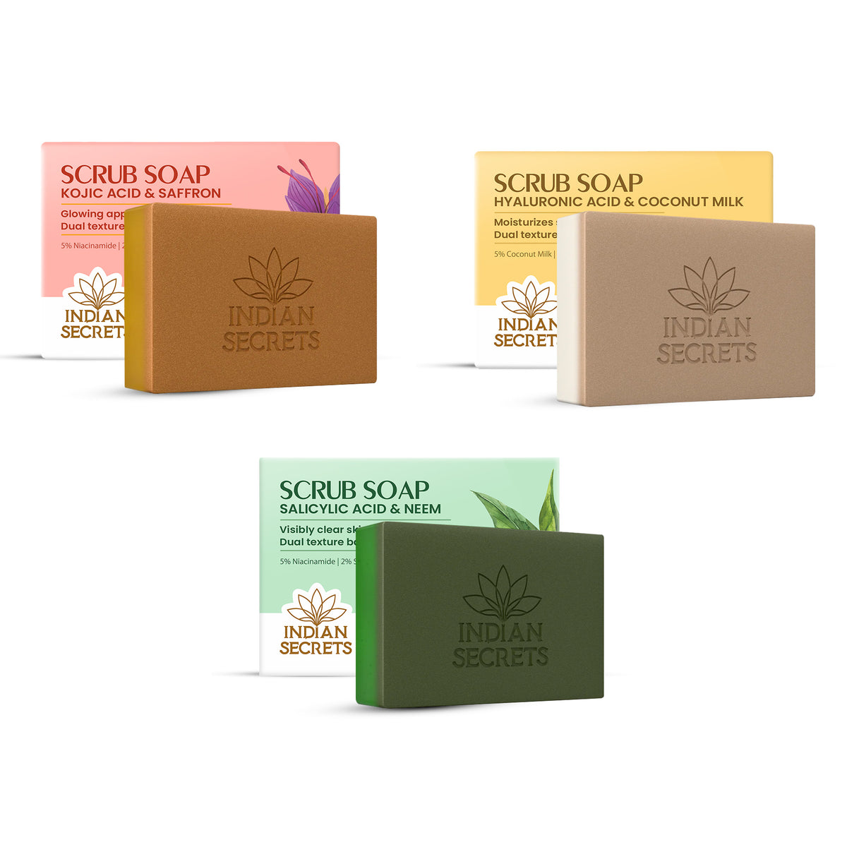 Indian Secrets Salicylic acid & Neem + Kojic Acid & Saffron Soap + Hyaluronic Acid and Coconut Millk Scrub Soap Bundle for Face & Body - (3 units x 110g/3.88oz)